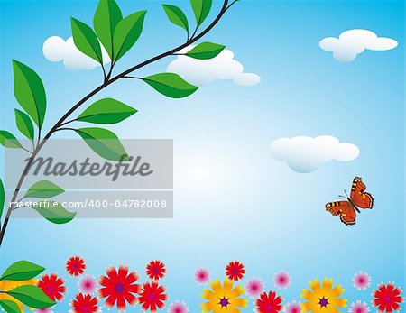 Red butterfly on flowering meadow. Vector illustration. Vector art in Adobe illustrator EPS format, compressed in a zip file. The different graphics are all on separate layers so they can easily be moved or edited individually. The document can be scaled to any size without loss of quality.