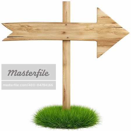 old wooden arrow on the grass isolated on white background including clipping path