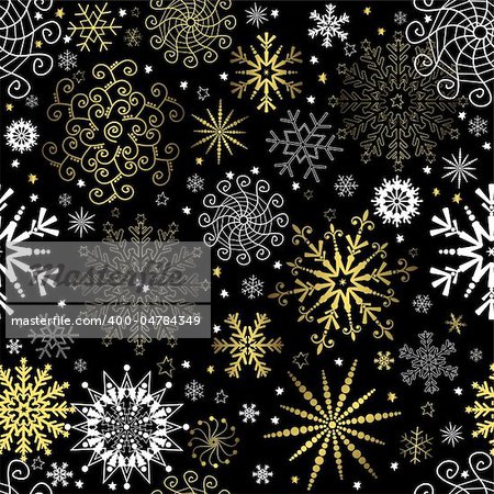 Seamless black christmas wallpaper with white and golden  snowflakes (vector)