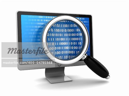 3d illustration of computer monitor with magnify glass, data searching concept