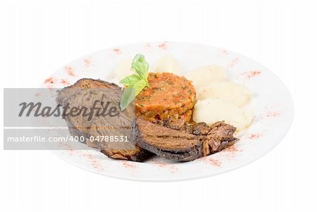 delicate beef fillet roasted with herbs - thyme, rosemary,clary, with potato and vegetable paste