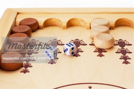 View of dice and game pieces during backgammon game
