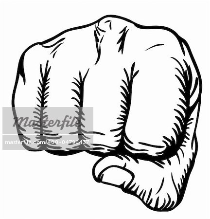 a black and white illustration of a front view of a right human hand punching towards you