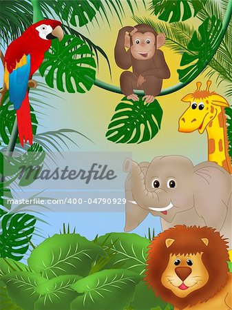 Illustration of cute animals among jungle plants