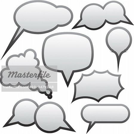 A set of speech bubbles of different shapes of gray