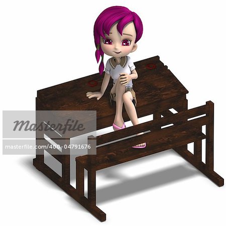 cute little cartoon school girl sitting on a school form. 3D rendering with clipping path and shadow over white