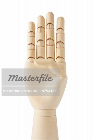 wooden dummy hand with four fingers up on white background