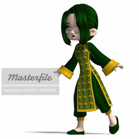 funny cartoon girl in green china dress. 3D rendering with clipping path and shadow over white