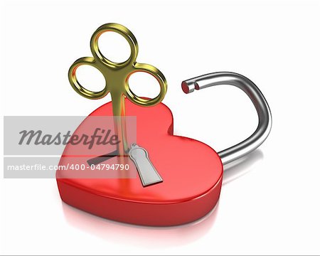 Opened red lock formed as heart with a golden key in a keyhole isolated on white background