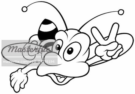 Wasp showing Victory - Black and White Cartoon illustration, Vector