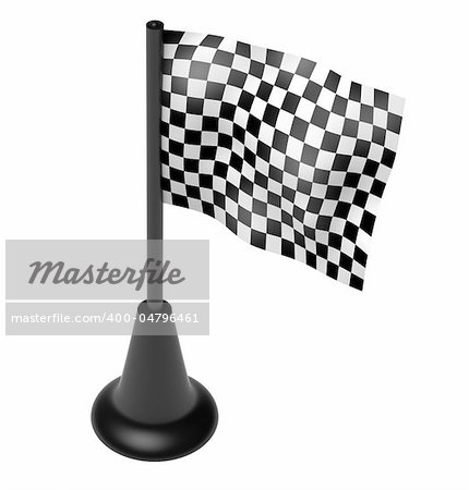 Chequered flag on the mast. 3D render.  On white background