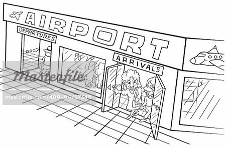 Airport - Black and White Cartoon illustration, Vector