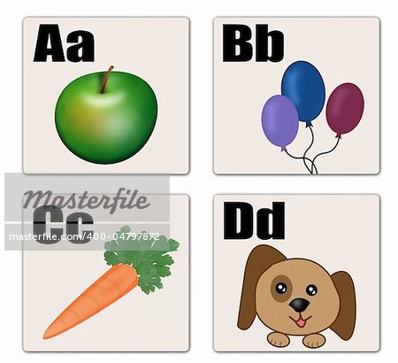 A - D alphabet cards design, vector illustration