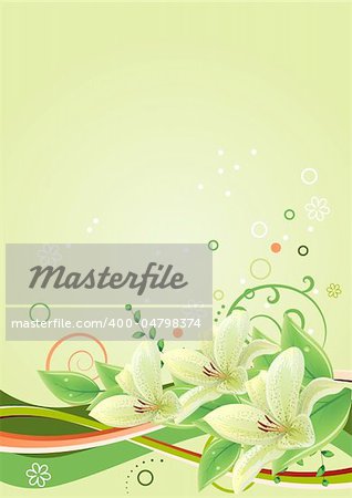 Spring green frame with lilies and abstract elements