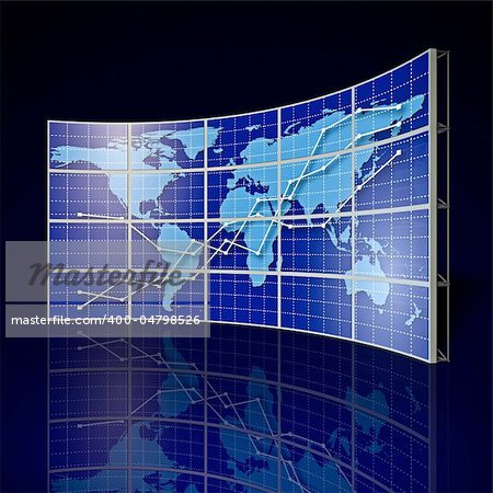 video wall with world map and abstract graph