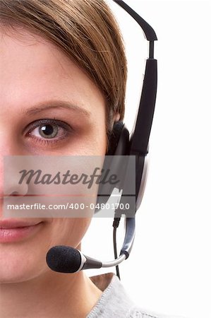 Friendly call center operator girl face fragment isolated over white background