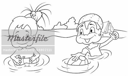 Children Bathing - Black and White Cartoon illustration, Vector