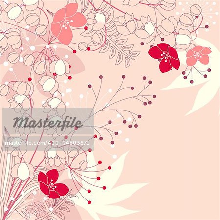 Pink floral background with contour flowers and plants