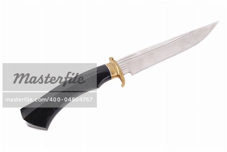 Hunting knife with a ornate blade and birch bark handle on white background with clipping path.