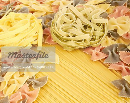 Italian pasta spagetti, tagliatelle and farfalle