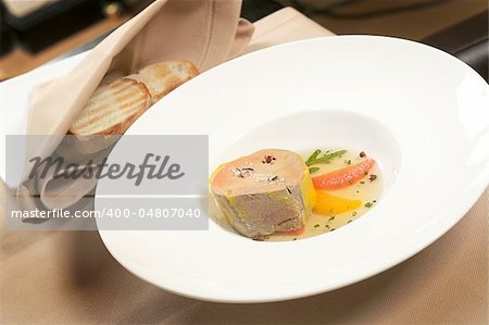 Foie gras, French healthy food served with bred