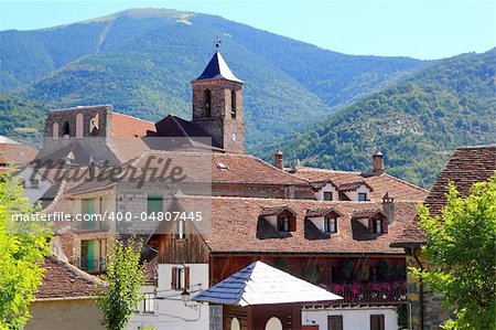 Hecho Valley Pyrenees village roof and mountains Aragon Huesca Spain