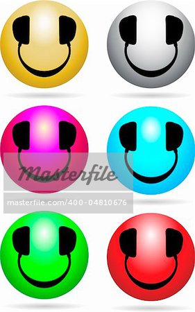 Glossy Smiley icons with headphones in place of eyes and mouth