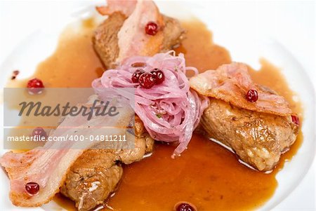 Roast pork meat with bacon, onion and cranberries