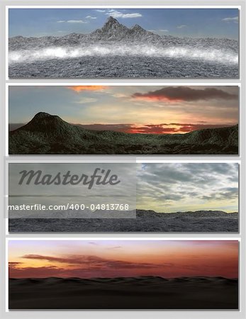 four different fantasy landscapes for banner, background or illustration. with clouds, mountains and sunset