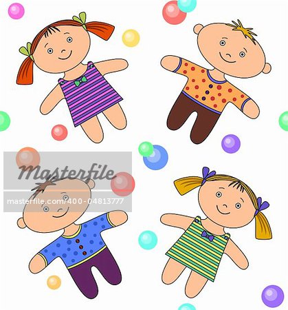 Vector seamless background. Toys, boy girl and bubbles