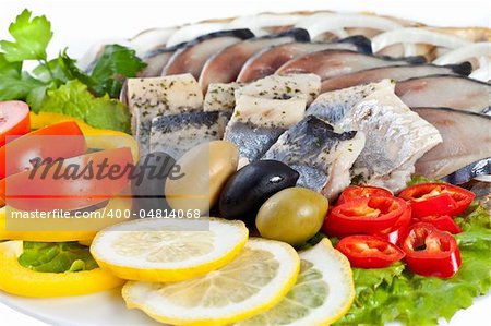 close up sliced fish with vegetables isolated