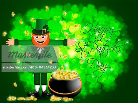 Happy St Patricks Day Irish Leprechaun with Pot of Gold Illustration
