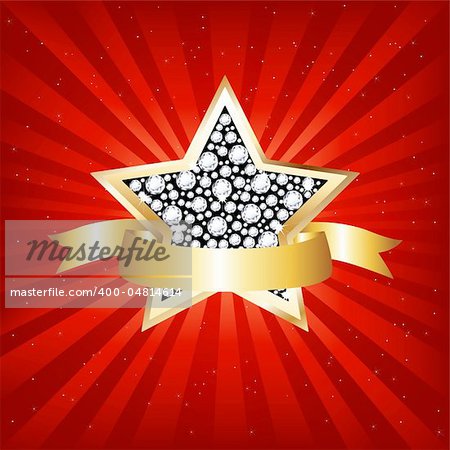 Star From Gold And Brilliants With Gold Tape, Beams And Stars, Vector Illustration