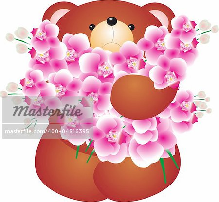 teddy bear with flower. Isolated on white background. Vector