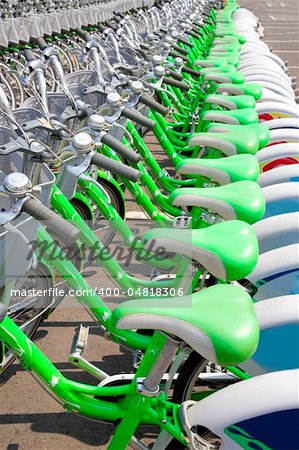 Green Bicycle rent in a travel destination city