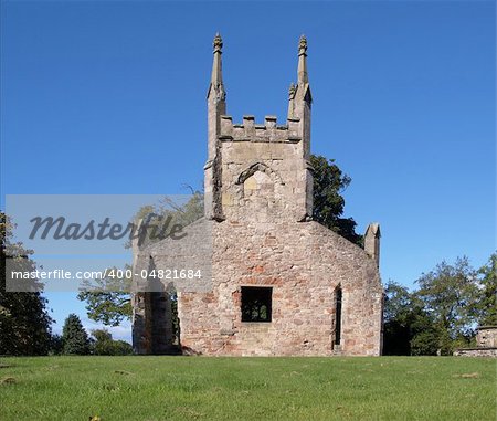 Ruins of Cardross old parish church and churchyard, near Glasgow in Scotland - rectilinear frontal view