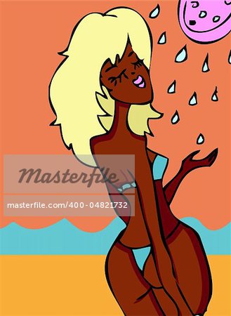 Cartoon woman on beach and water from shower, sea and shower