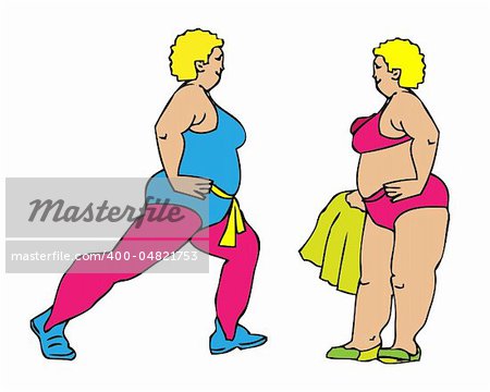 Fat woman at sport - fitness, gym, swimming icons, illustration. Health life