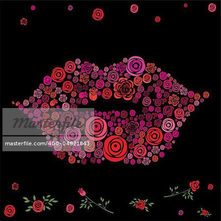 Flower rose shaped in lips on the black background. Vector illustration.Vector version of this image also available in my portfolio.