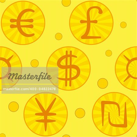 Abstract vector seamless background, currency signs: dollar, euro, pound, yen, shekel, universal