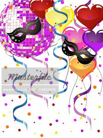 vector 10 eps illustration of mask and heart balloons on a colorful mirror ball