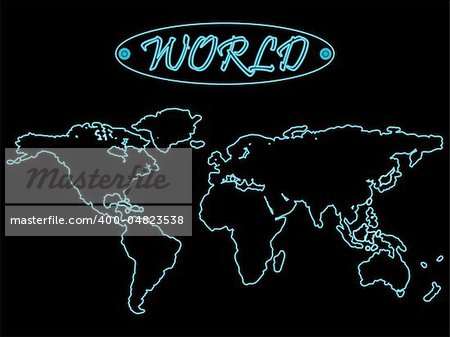 blue neon world map over black background, abstract vector art illustration