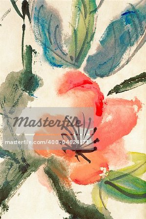 Colorful Chinese painting, flower and leaves, on art paper.