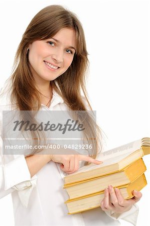 Young girl with long hair and book on a white background