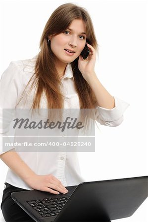Portrait of beautiful business woman with laptop speaks via phone