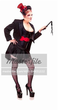 Sexy female ringmaster or lion tamer with small whip