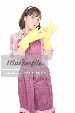 young adult woman doing housework. over white background