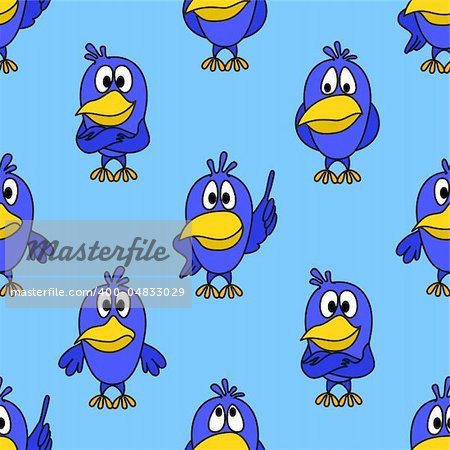 Vector seamless background, birds with different emotions in the blue sky
