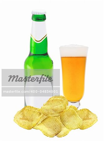 Beer bottle and glass of fresh beer and potato chips isolated on white background
