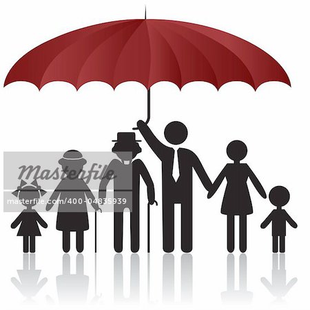 Silhouettes of woman man kid grandfather grandmother family under umbrella cover. Vector illustration. Element for design icon